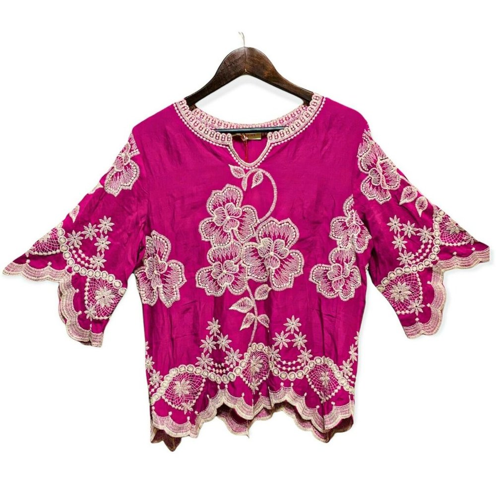 Solitaire Women's Size S Bell Sleeve Embroidered Boho Blouse Top Fuchsia Pink